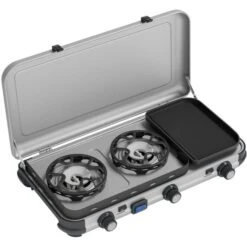 Campingaz Camping Kitchen 2 Multi Cook, Gaskocher (grau, 2 Kochfelder 2x 1,8 KW + Grillplatte 0,9 KW)